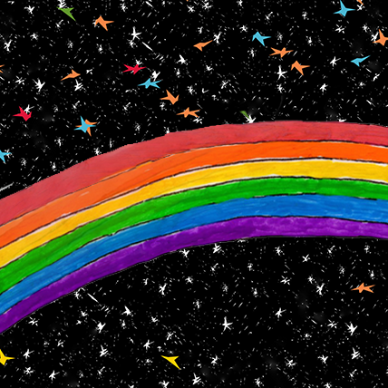 An illustration of a bright section of a rainbow against a black sky with white and multicolored stars.