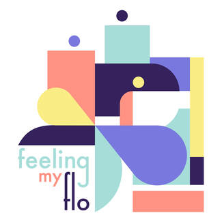 The Feeling My Flo logo: an abstract mix of boxes, dots, and curves in yellow, pink, purple, and green. The words 