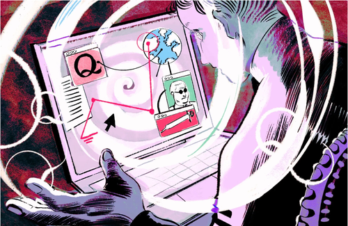 An animation of a person looking intensely at a computer screen, which has several tabs open, including a large black Q on a pink background, a globe, a man wearing sunglasses, and a syringe needle. The laptop screen and person are surrounded by a large white spiral, punctuated by several white Q's.